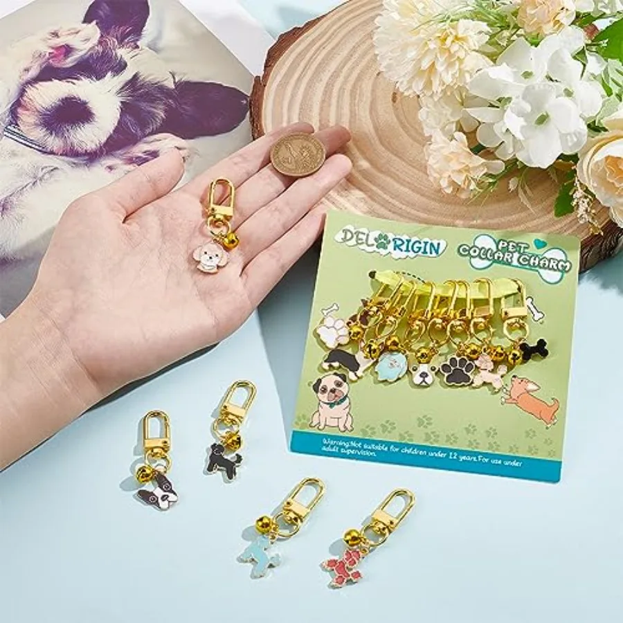 12pcs Pets Collar Pendants for Cat Dog Paw Bone Emel Pet Small Bells with Swivel Clasps Colorful Clipon Charms for Cat Dog DIY