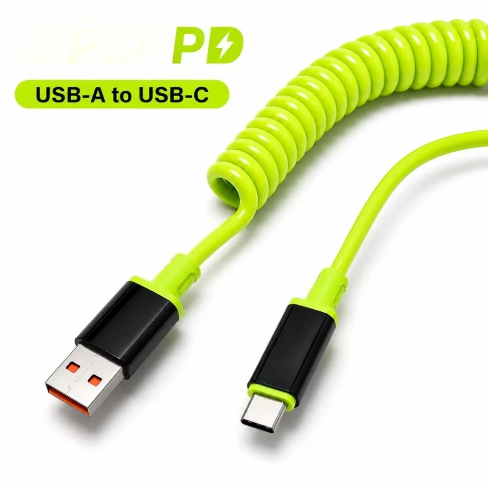 USB C/USB-A to C Coiled Charging Cable PD Type C Fast Charge Spring Retractable Cord for iPhone Samsung Huawei Car Desk Travel