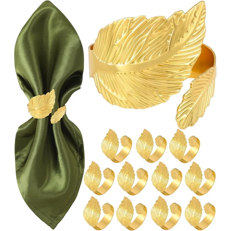 Gold Napkin Rings, Shiny Metal Napkin Rings Set of 12,Study Leaf Shaped Table Decor, Stylish Fall Napkin Ring Bulk for Christmas
