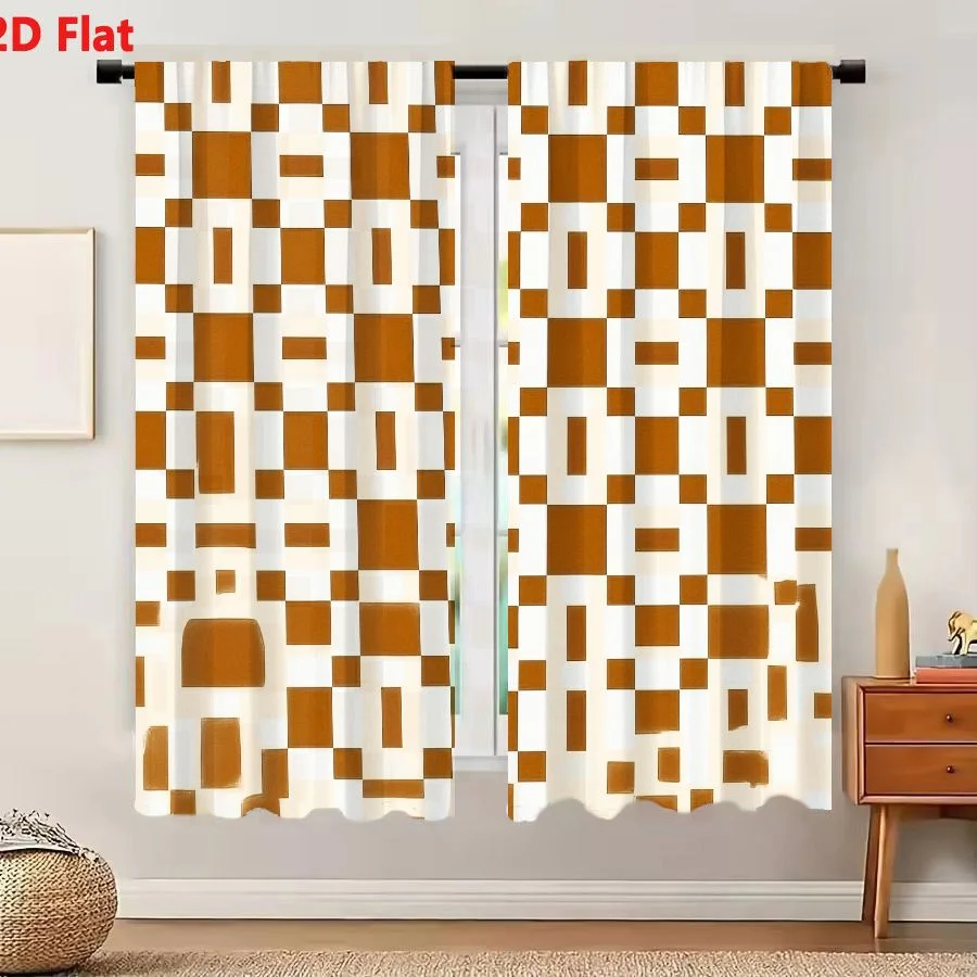 2Pcs Curtains 2D Flat Digital Graphic With Brown Geometric Squares And Rectangles On Off-white Background Featuring Pixelated Di