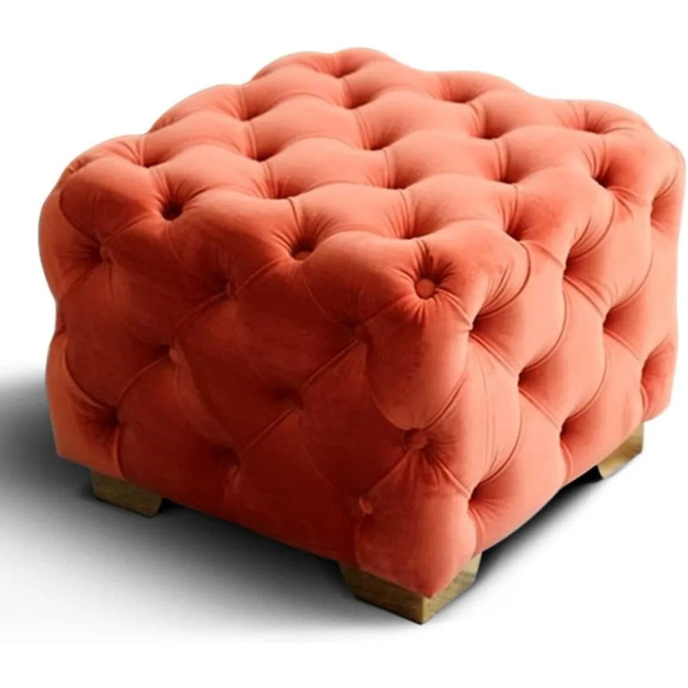 

Ottoman Velvet Footrest Vanity Stool, Tufted Button Cube Performance Velvet Ottoman (Orange)