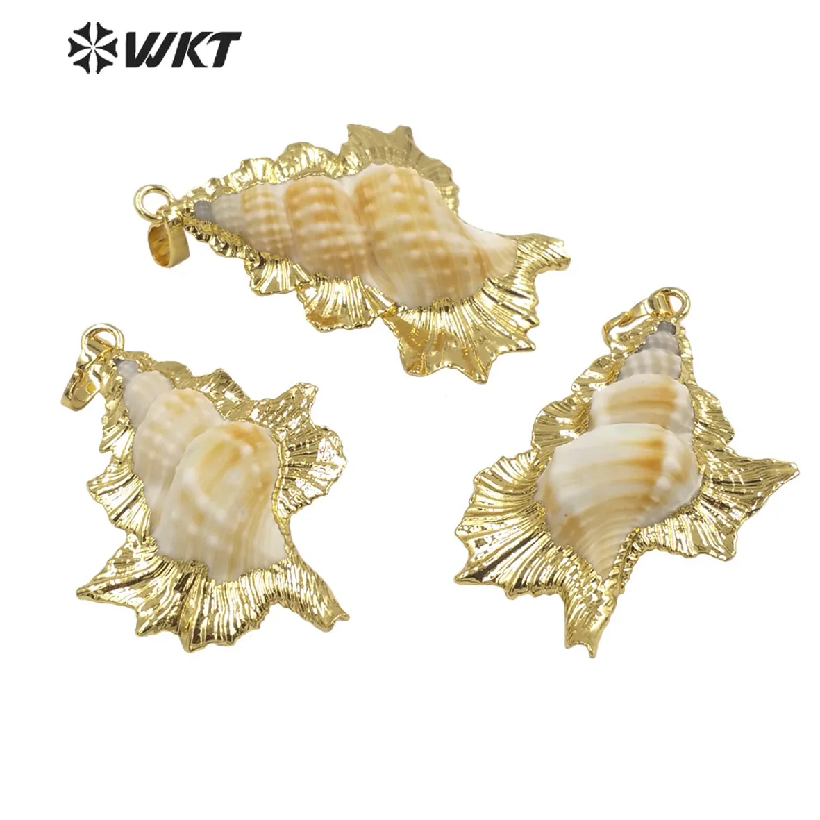 

WT-JP352 New Arrival Lovely Shape Sea Snail Yellow Brass Embroider Trumpet Shell Pendant For DIY Chain ACC