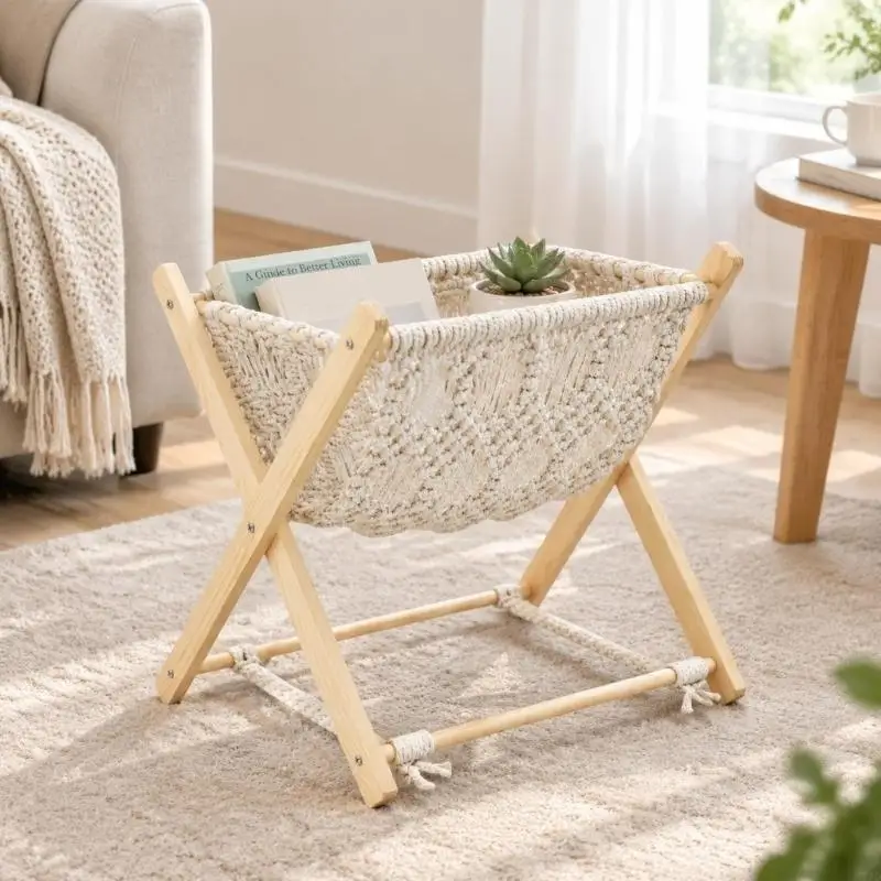 Woven Storage Rack with Cotton Rope Pocket, Freestanding Crossed Frame Organser for Books, Keys, Remote Controls, and 37JD