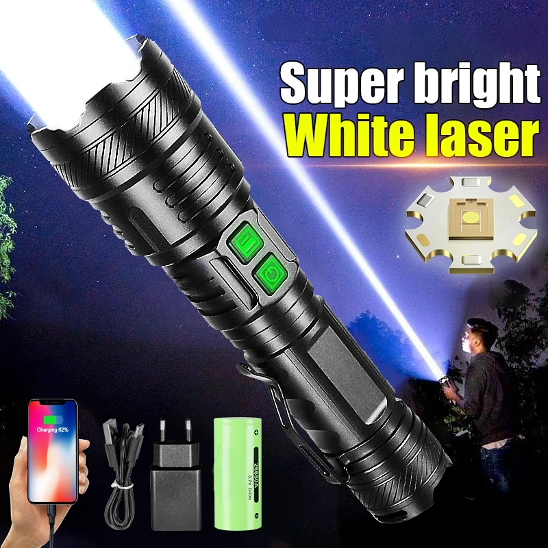 Lanterna super poderosa com laser branco, recarregável, lâmpada de tiro longo, alta potência, led, acampamento, lanterna tática