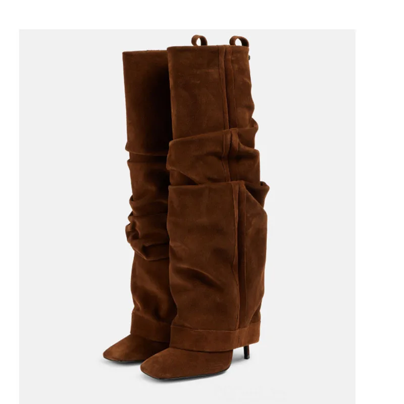 

Women Leather Slouchy Over The Knee Boots Fashionable Square Toe Wedge Heel Boots Back Zipper Elegant Autumn Winter Dress Boots