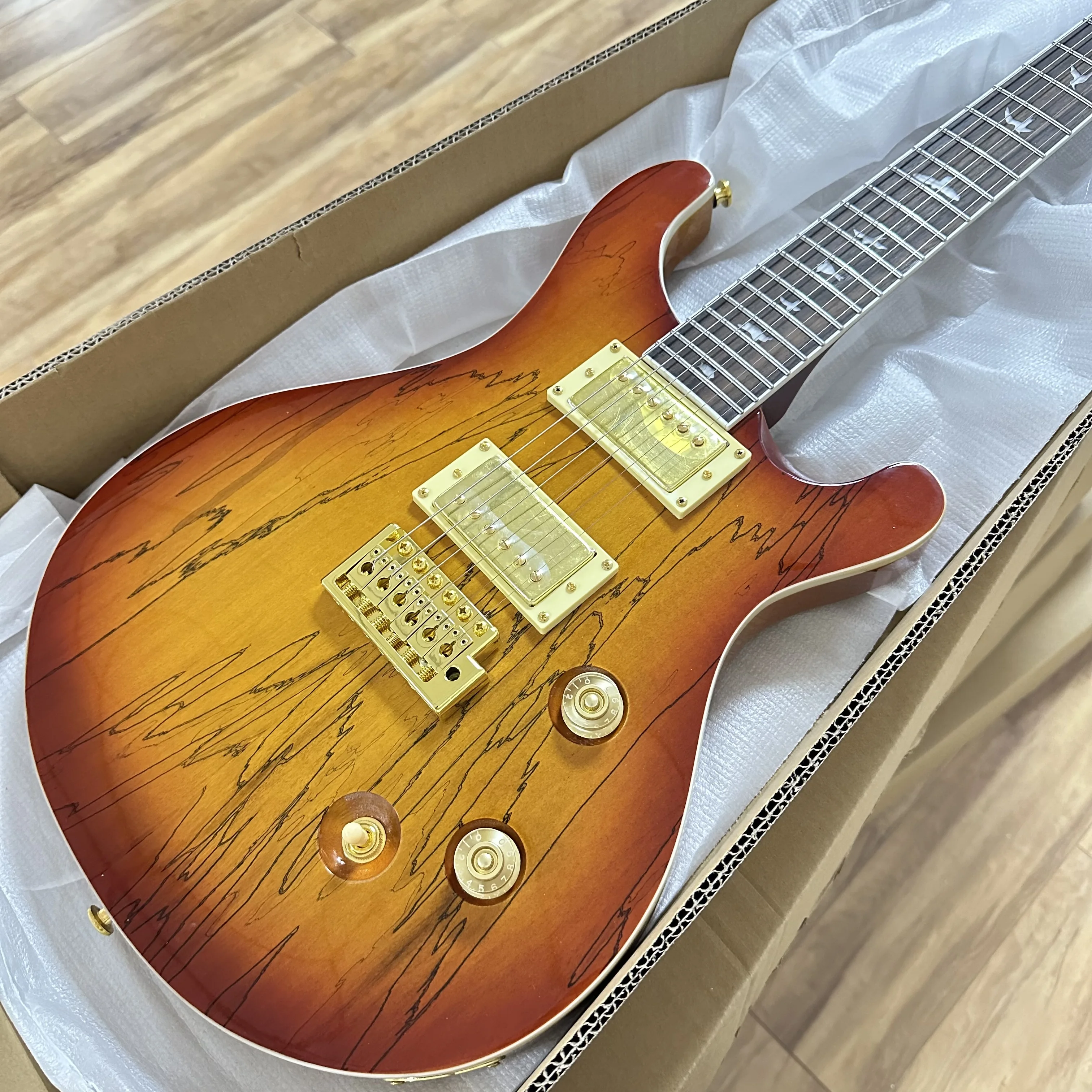 US Warehouse Custom Prs 24 Electric Guitar Spalted Sunburst Burst Finish Gold Hardware  6 String Solid Body Guitar for Rock Blues Music