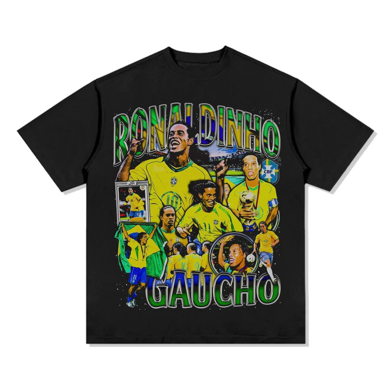Camiseta Gráfica Vintage Ronaldinho Gaucho Seleção Brasileira Masculina Estampa Retrô de Futebol Oversized Streetwear