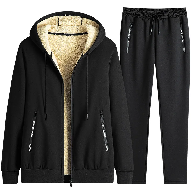 Men's Tracksuit Hooded Sportwear Casual Fur Lambswool Zipper Jacket+pants Thickened Warm Sweatsuit Thermal Oversized Men's Sets