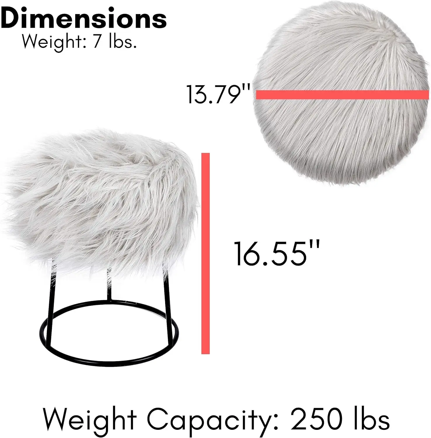 

Круглый туалетный столик Birdrock Home из искусственного меха с местом для хранения - пушистое сиденье для макияжа с металлическими ножками - мягкая мягкая подставка для ног для