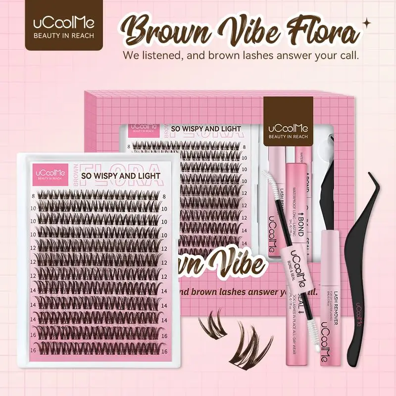 uCoolMe Eyelashes Brown Flora 0.05mm D Curl Waterproof Natural Wide Span Wispy Lash Cluster Upgrade Brown False Lashes Extension