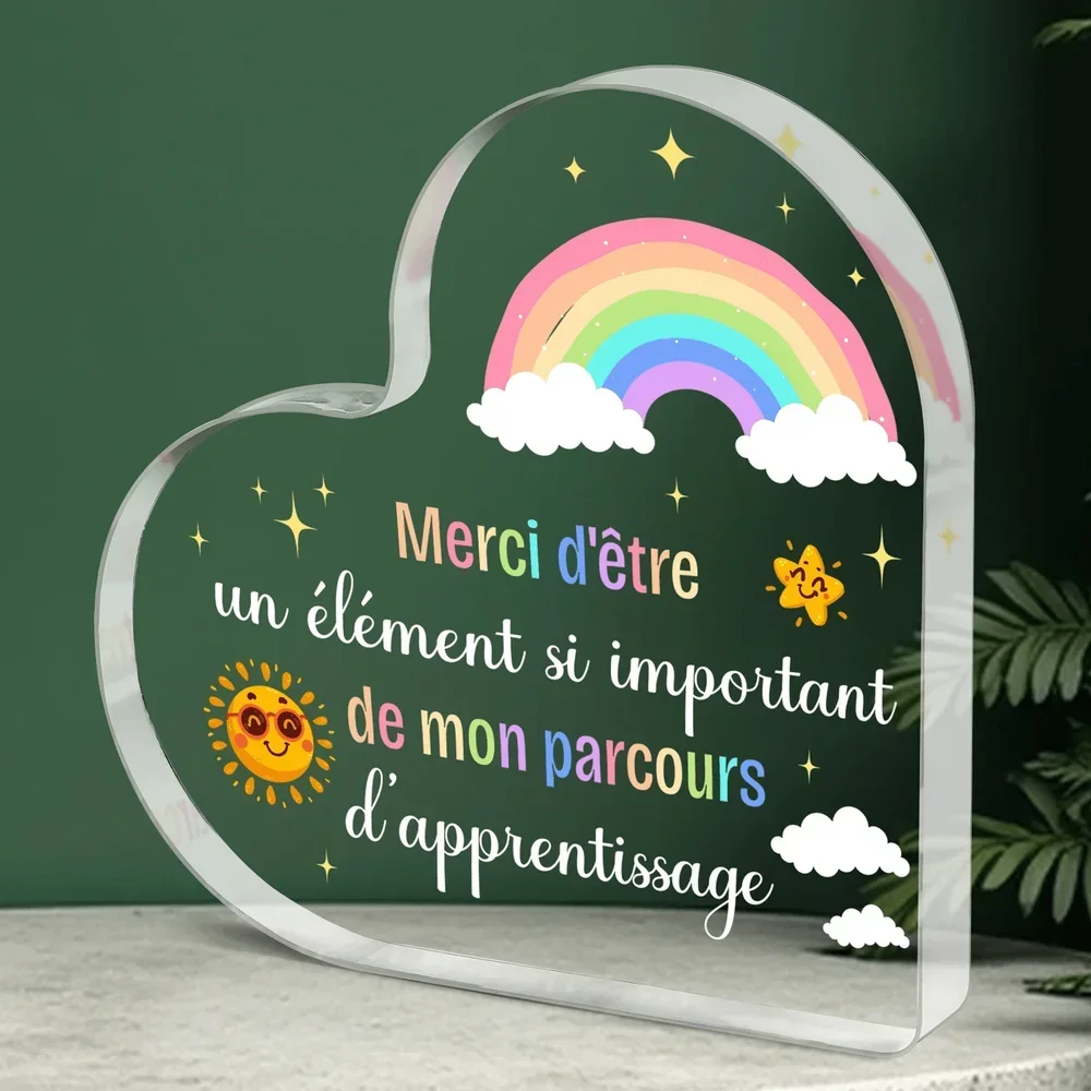 Heart Shaped Clear Acrylic Stand French Text Thank You Educator Rainbow Cloud Star Table Ornament