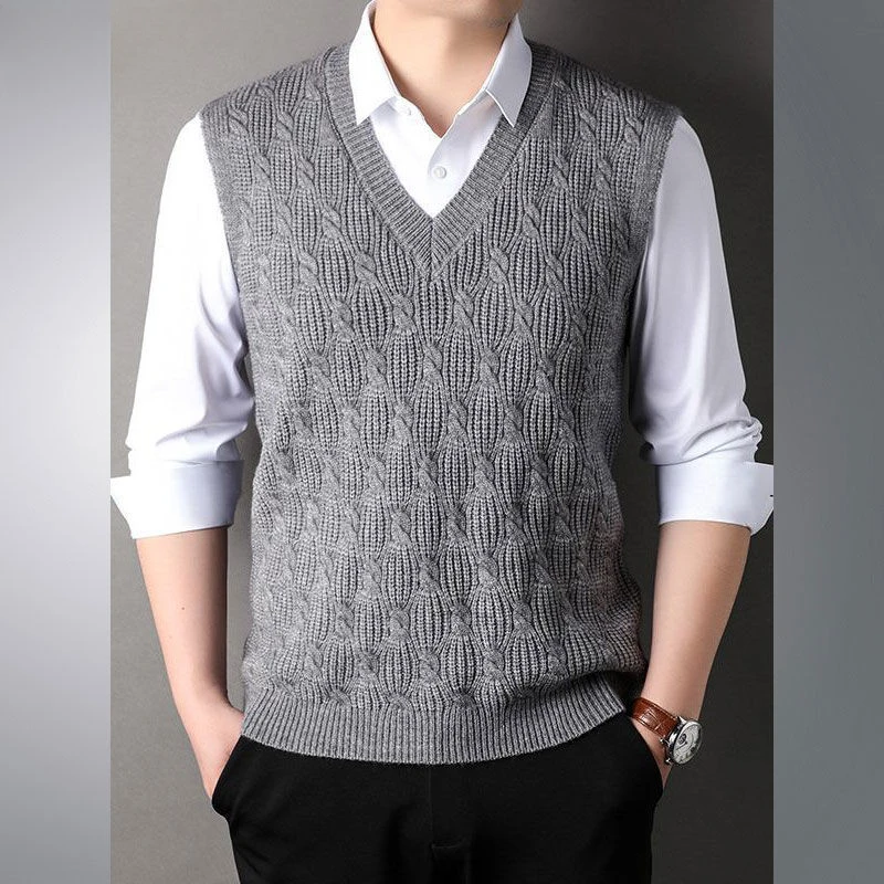 V Neck Warm Sweater Man Solid Color Knit Vests for Men Thick Waistcoat Top Open Smooth Korean Style Knitwear Woven High Quality