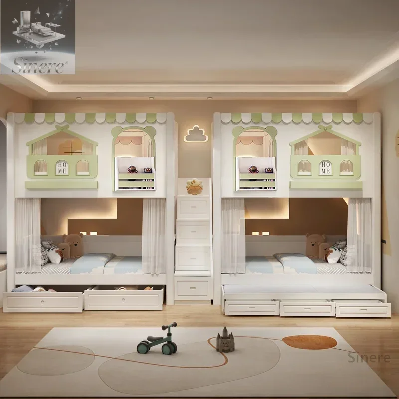 

Детская двухъярусная кровать, верхние и нижние кровати. Кровать с высоким ограждением в второй этаже. Нижние и нижние кровати тем же шириной. Маленькая квартира.