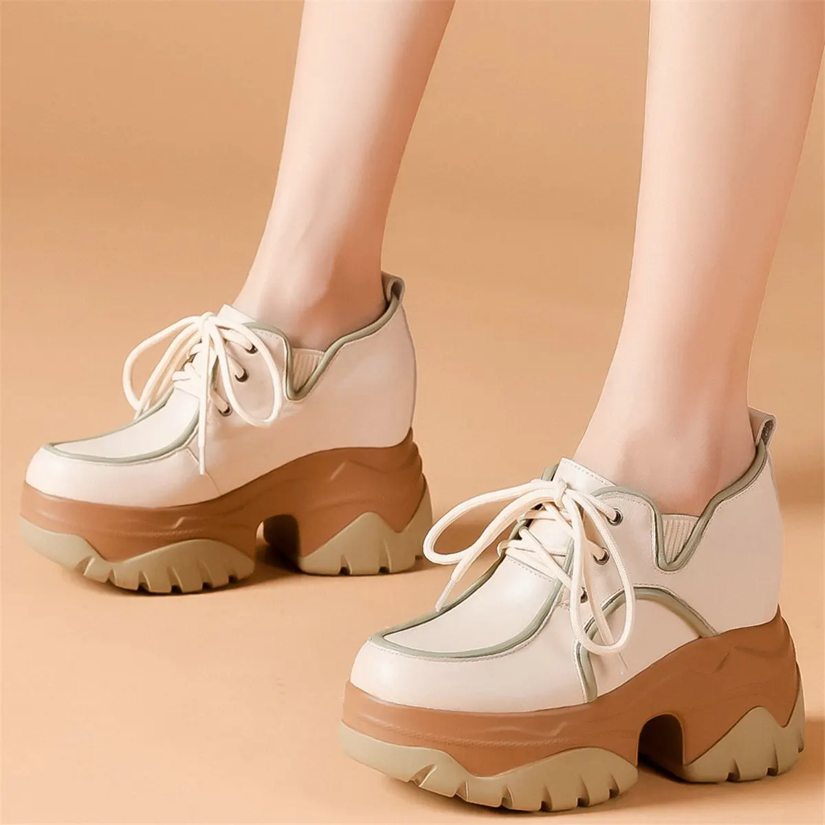 Pumps Shoes Women Lace Up Genuine Leather Super High Heels Ankle Boots Female Round Toe Platform Fashion Sneakers Casual Shoes