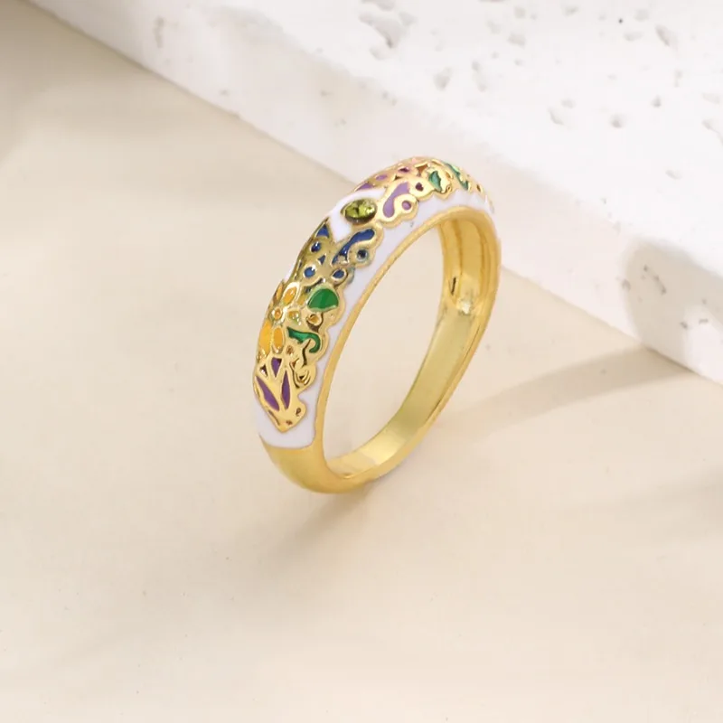 

Huajie Elegant Colorful Enamel Floral Rings for Women Inlaid Zircon Golden Piping Banquet Accessories Jewelry