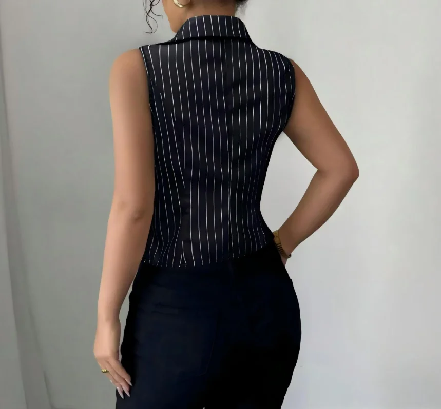 

2025 Collar Striped Printed Sleeveless Button Down Vest Shirt for Summer Women Elegant and Fashionable Commuting Sleeveless Vest
