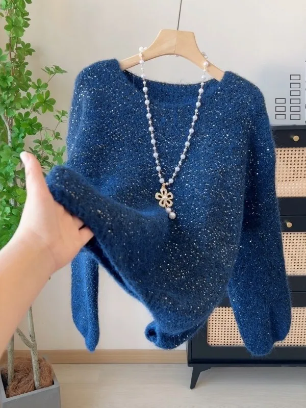 

Ladies Loose Fit Blue Sequin Furry Knitted Sweater Spring Autumn Winter New Sle Warmth Comfortable Slouchy Sle round Ne...