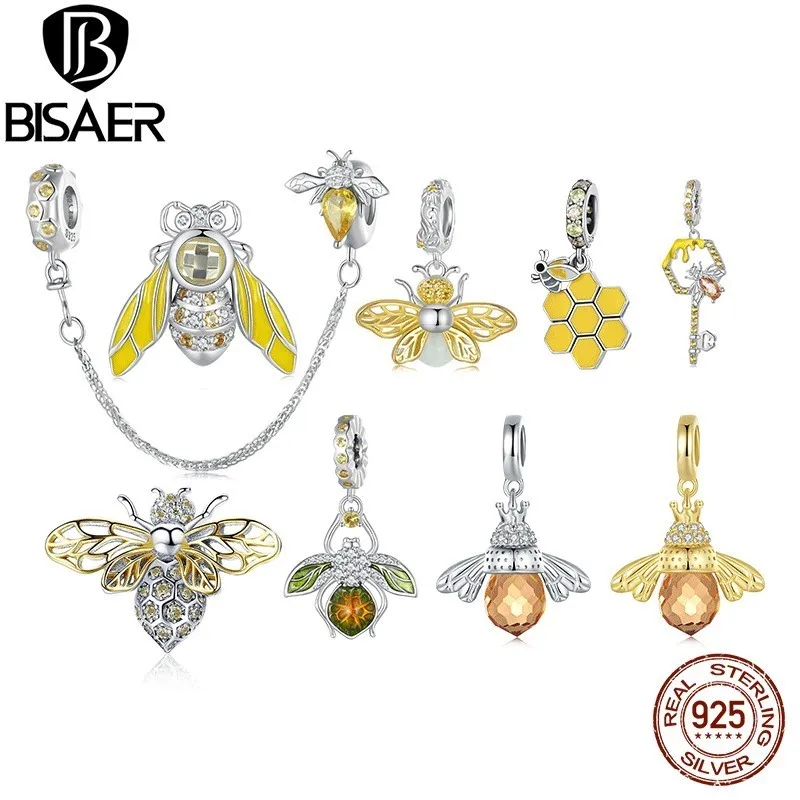 BISAER 100% 925 Sterling Vintage Leaf Charm Bead Heart-Shaped Butterfly Pendant Fit Women DIY Bracelet Fine Jewelry ECC2576