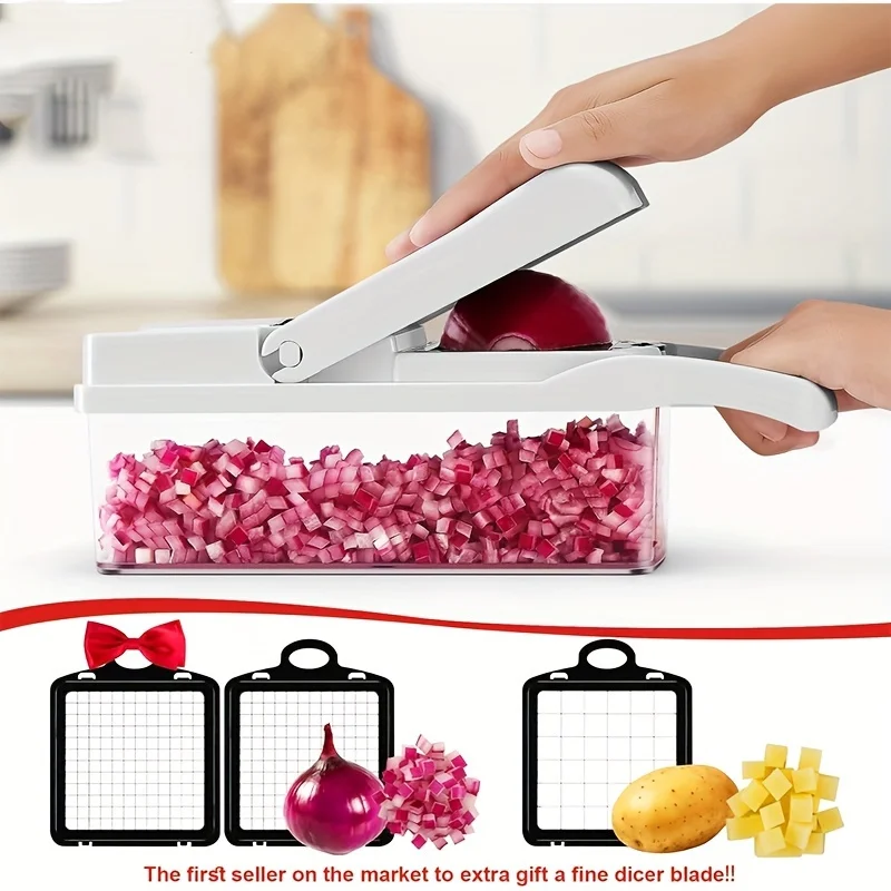 قطعة واحدة 15 في 1 مفرمة خضروات يدوية مع شفرات قابلة للاستبدال وعاء تخزين - قطاعة طعام بلاستيكية قوية #2