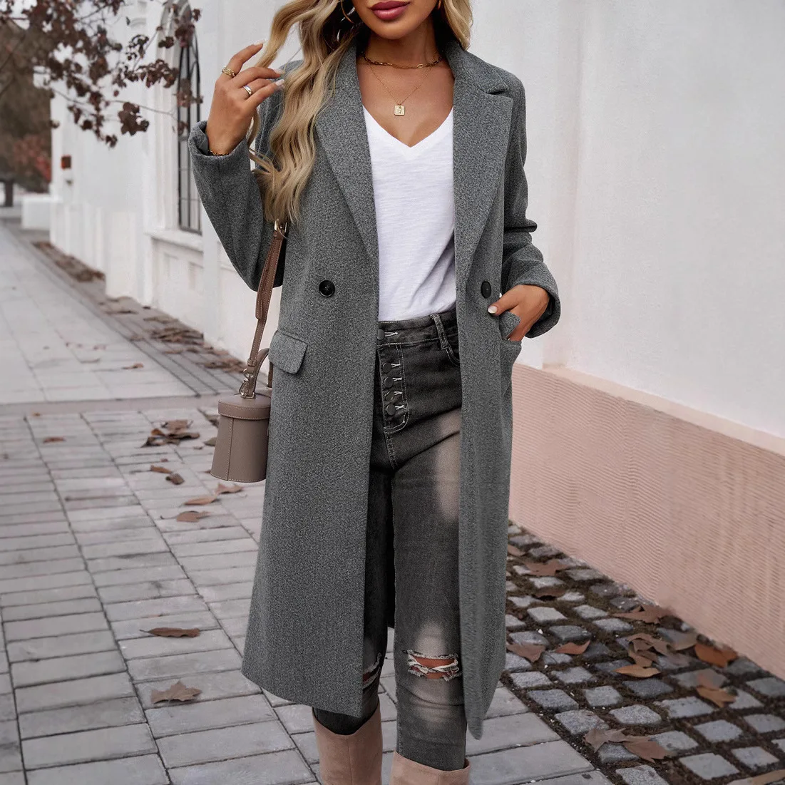 Women Wool Coats Long Blends Jackets Solid Pocket Turn Down Collar Long Sleeves Single Button Slim Fit Casual 2025 Autumn Winter