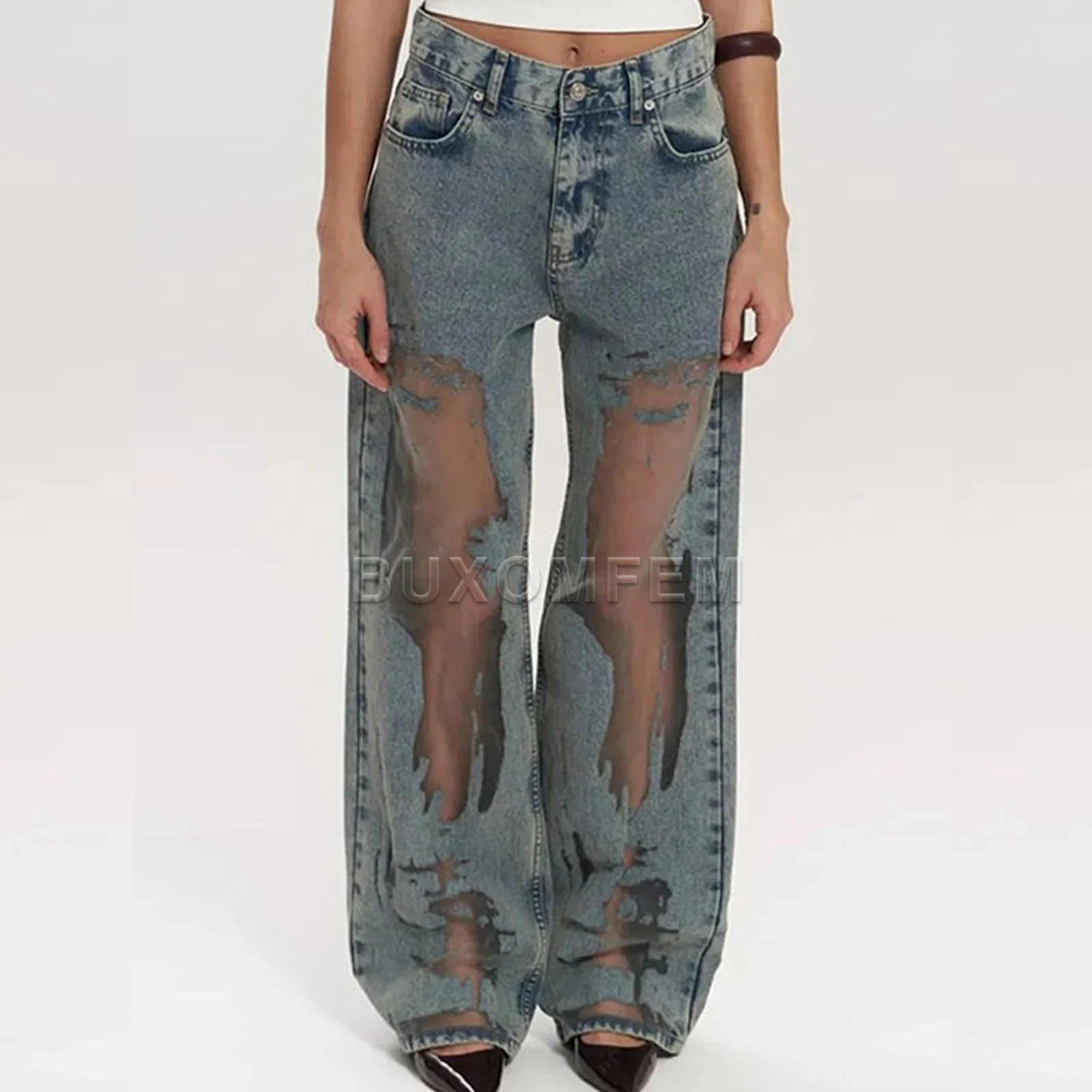 Retro Straight Leg Pants with Hollowed Out Texture Jeans Ladies Wide Leg Loose Jeans 2024 Female Sweet Style Fashion Baggy Pants