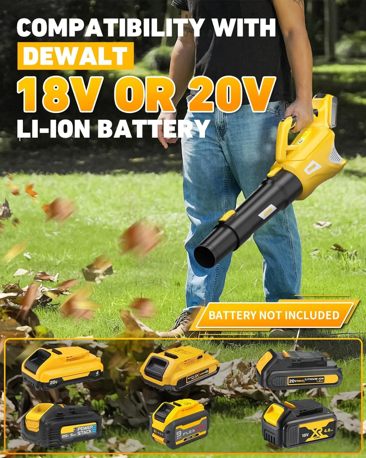 Cordless Leaf Blower for Dewalt 20V Max Battery (No Battery), Electric Leaf Blower Cordless Up to 500CFM with 5-Speed Mode, Powe