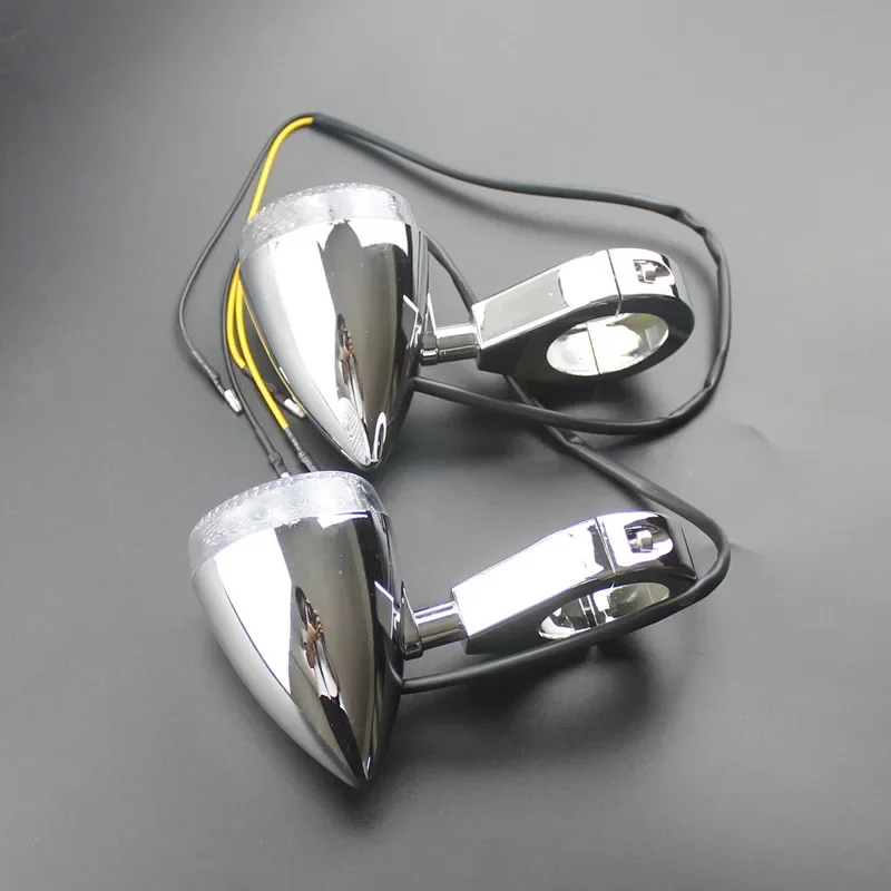 Custom Pair Front LED Turn Signal Light Indicator Chrome 39mm Fork Clamp Motorcycle For Harley Honda Yamaha Suzuki Kawasaki