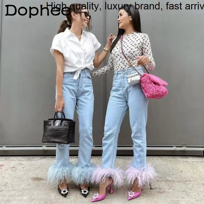 Tassel Stitching Feather High-Waist Blue Jeans Women 2023 Spring Summer New Cotton Stretch Straight Cropped Denim Pants Street