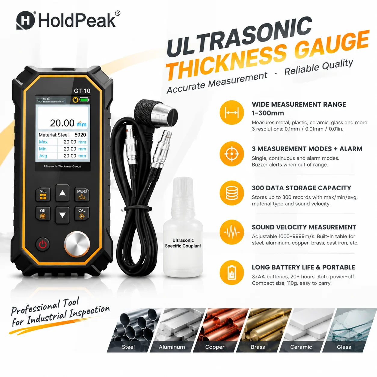 Ultrasonic Thickness Gauge 0.01mm Digital Tester for Metal Pipe/Wall, 300 Data Storage, Backlit LCD, 1000-9999m/s Portable