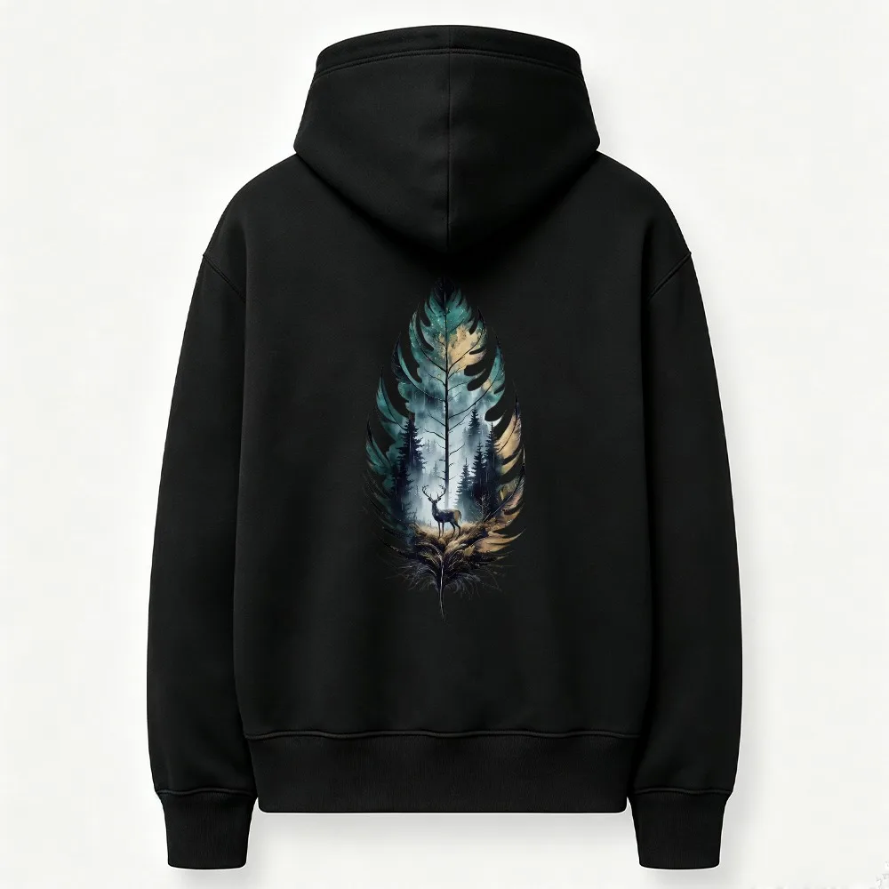 Watercolor Feather Deer Forest Mountain Scenery Graphic Hoodie Wild Nature Wildlife Art Print Sweatshirt Outdoor Wilderness Tops