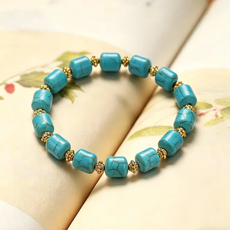 New Chinese Style Imitation Turquoise Barrel Bead Bracelet Zen Style Versatile Accessory Lucky Charm Gifts