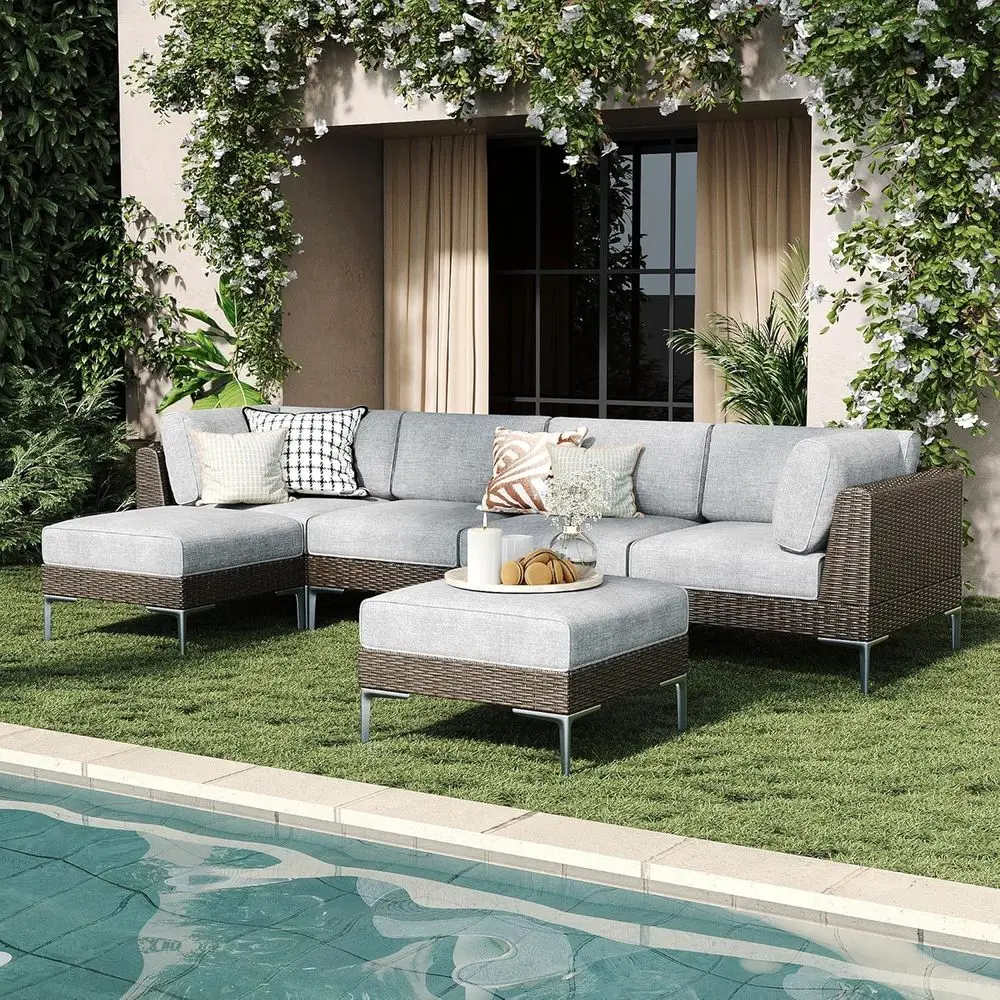 

6-Piece Rattan Patio Furniture Set, Deep Seating Outdoor Sectional Sofa with Cushions for Garden