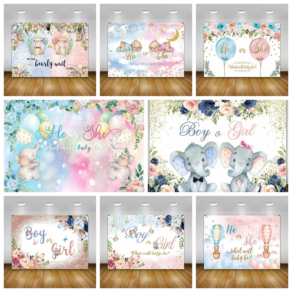 

Gender Reveal Party Girl Or Boy Photography Background Pink Blue Elephant Balloon Bear Newborn Baby Shower Background Decoration