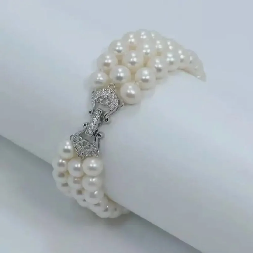 3-Row - AAA7-8mm Natural South Sea Round Pearl Bracelet 7.5-8inch-925