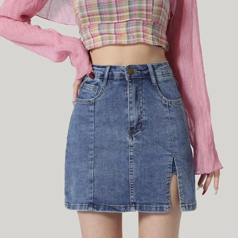 High-waisted denim half-body skirt female summer new small people Slim thin a word anti-walking open fork package hip skirt