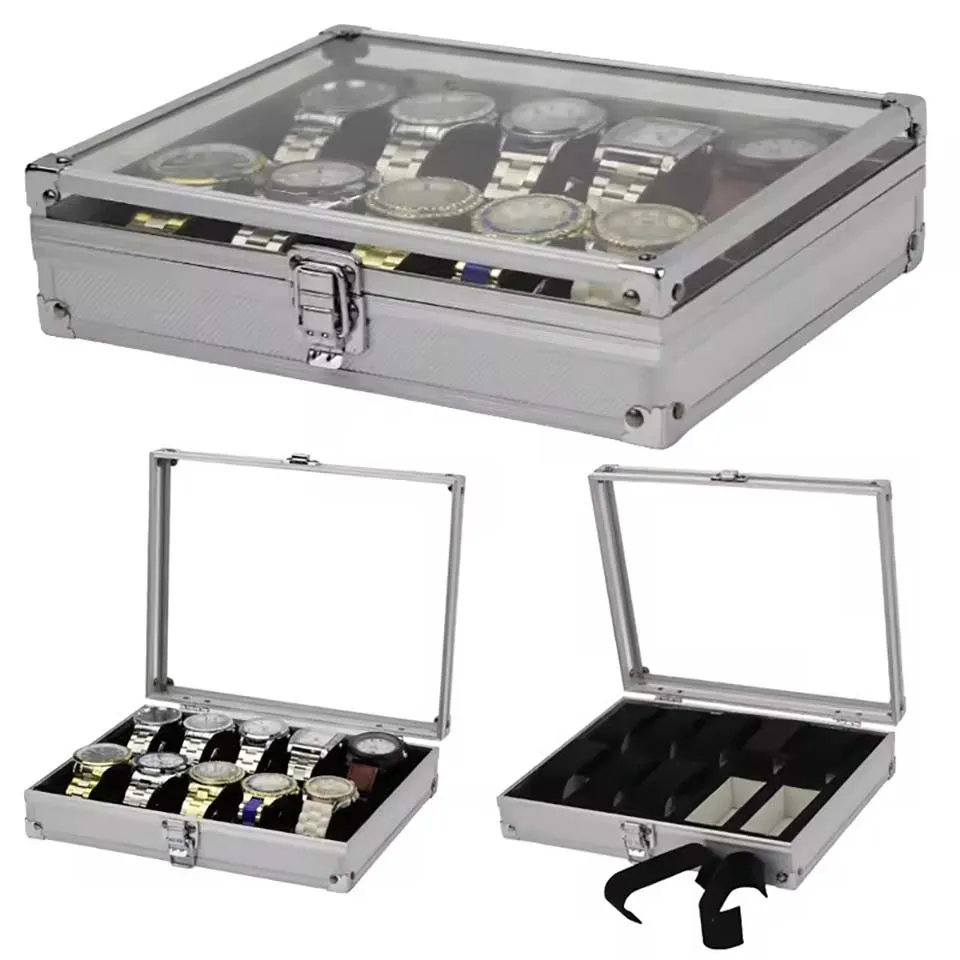 Useful Aluminium Watches Box 12 Grid Slots Jewelry Watches Display Storage Box Square Case Suede Inside Rectangle Watch Holder