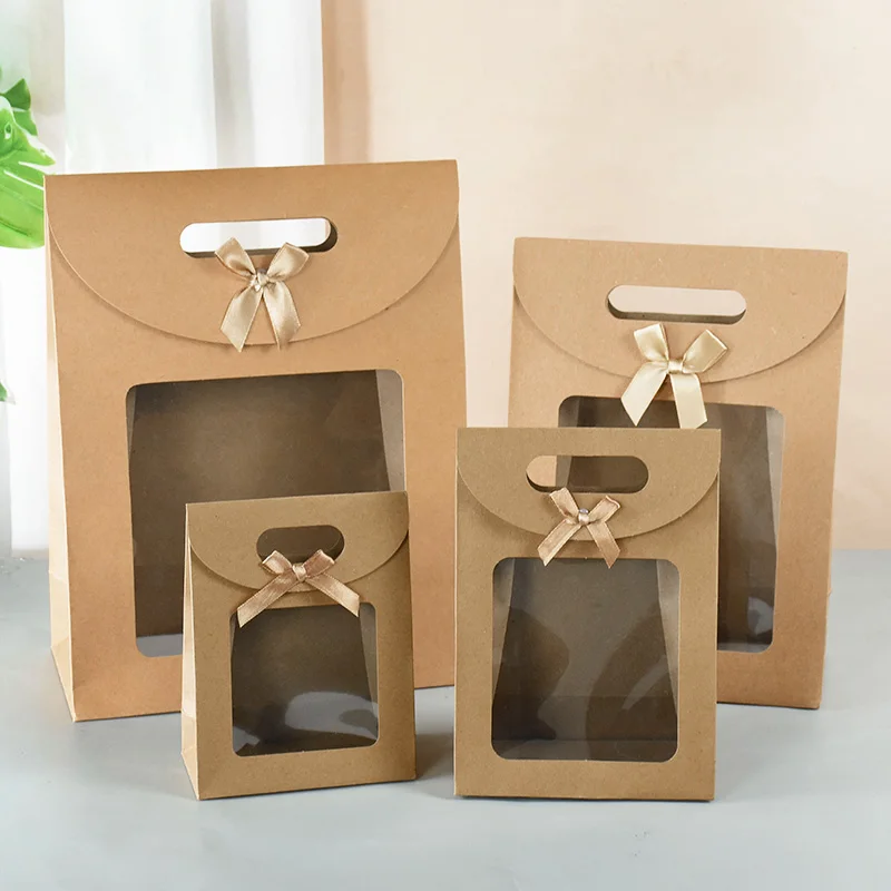 Sacchetto di carta Kraft da 2 pezzi con finestra in PVC trasparente sacchetti per feste di matrimonio di compleanno scatole regalo di san valentino