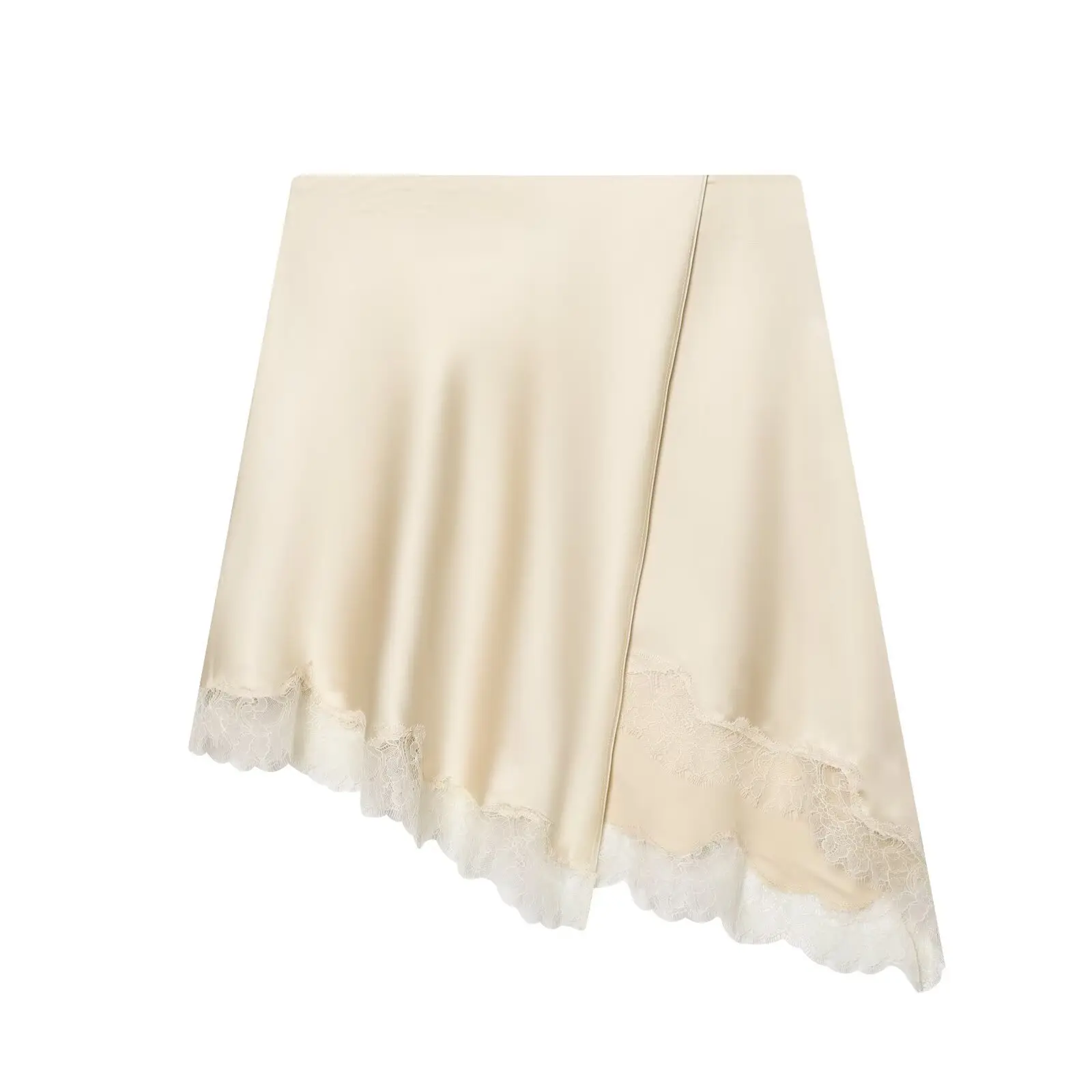 Women's Beige Satin Contrast Lace Trim Hem Split Front Midi Skirt Elegant Daily Wear Smooth Fabric For Spring Summer Autumn 2GK7