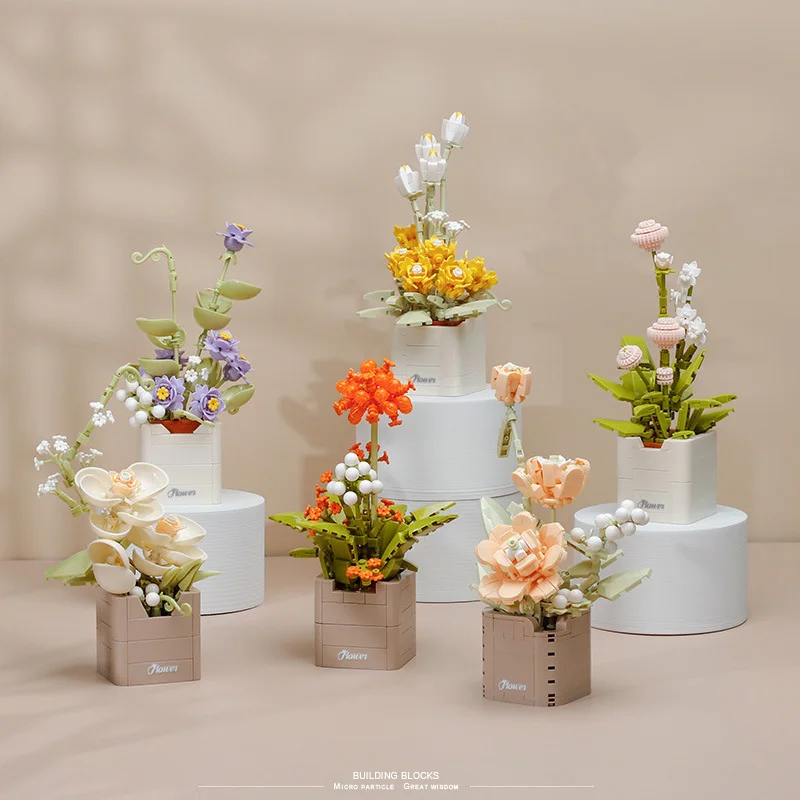 Idee Pflanze Mini Block Blume Gebäude Ziegel Rose Lilie Lotus Hyazinthe Sonnenblume Nelke Bonsai Vase Spielzeug für Mädchen Geschenke