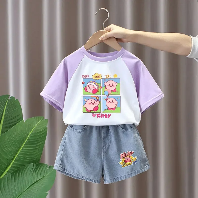 Kirby for Girls Summer Cotton Suit Foreign Style Thin Middle Children's Denim Shorts Short Sleeves Comfortable Two-piece Set