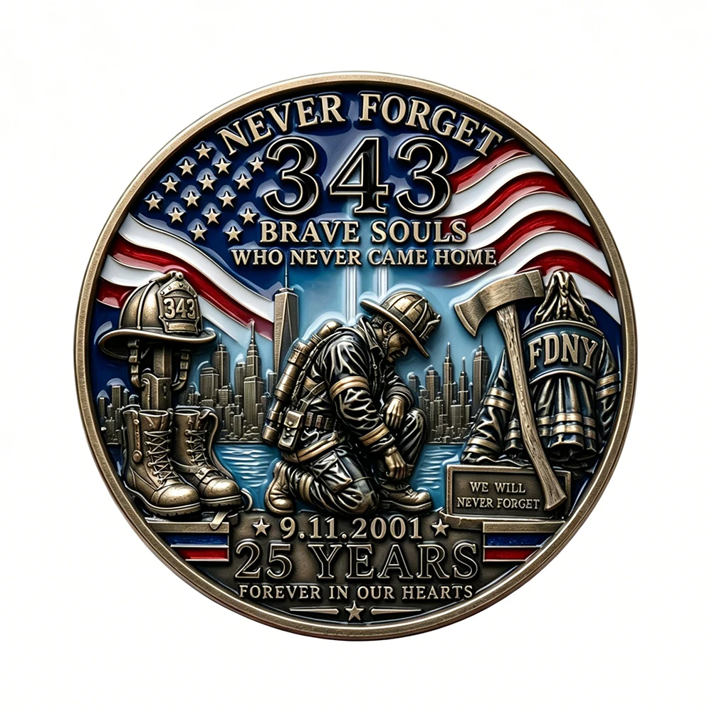 5pcs Never Forget 343 Firefighter Commemorative Coins 9.11 25th Anniversary Memorial Collectible Coin Patriotic Gifts for Friend