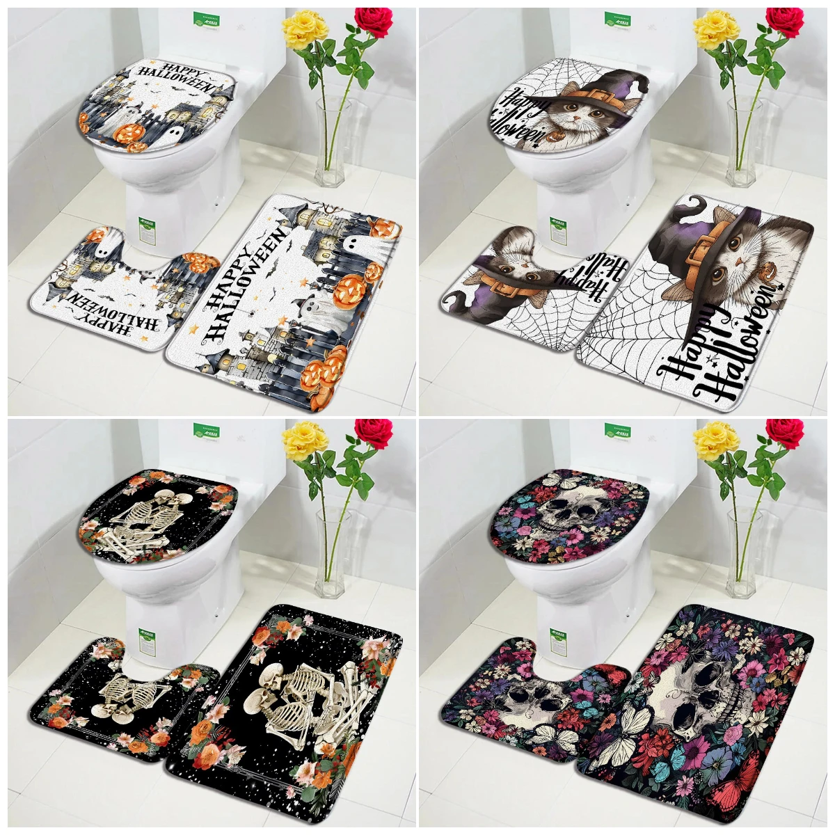 Halloween Bath Mat Set Pumpkin Lights Cute Cat Floral Skull Skeleton Home Carpet Bathroom Decorative Floor Rugs Toilet Lid Cover