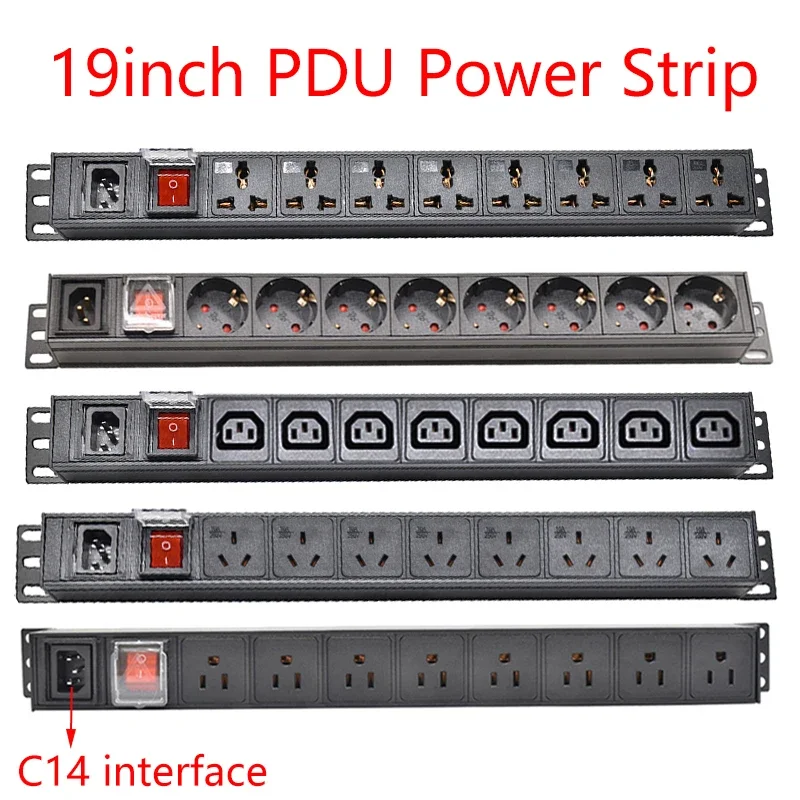 19inch PDU Power Strip C14 Input 8Ways EU/UK/US/AU/C14/Universal Socket Extension For Cabinet rack wall desktop mount