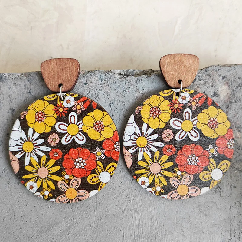 Pendientes redondos florales de madera para mujer, aretes bohemios a rayas, estampado de hojas, empalme étnico, regalo de joyería de cumpleaños