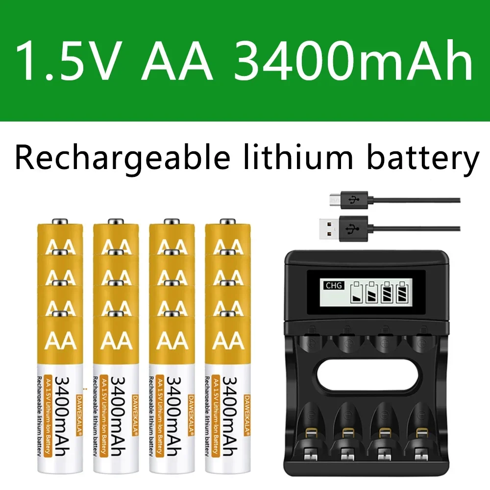 AA Battery 1.5V Rechargeable 3400mAh Lithium-ion Battery AA  Battery for remote control mouse fan Electric toy with USB charger