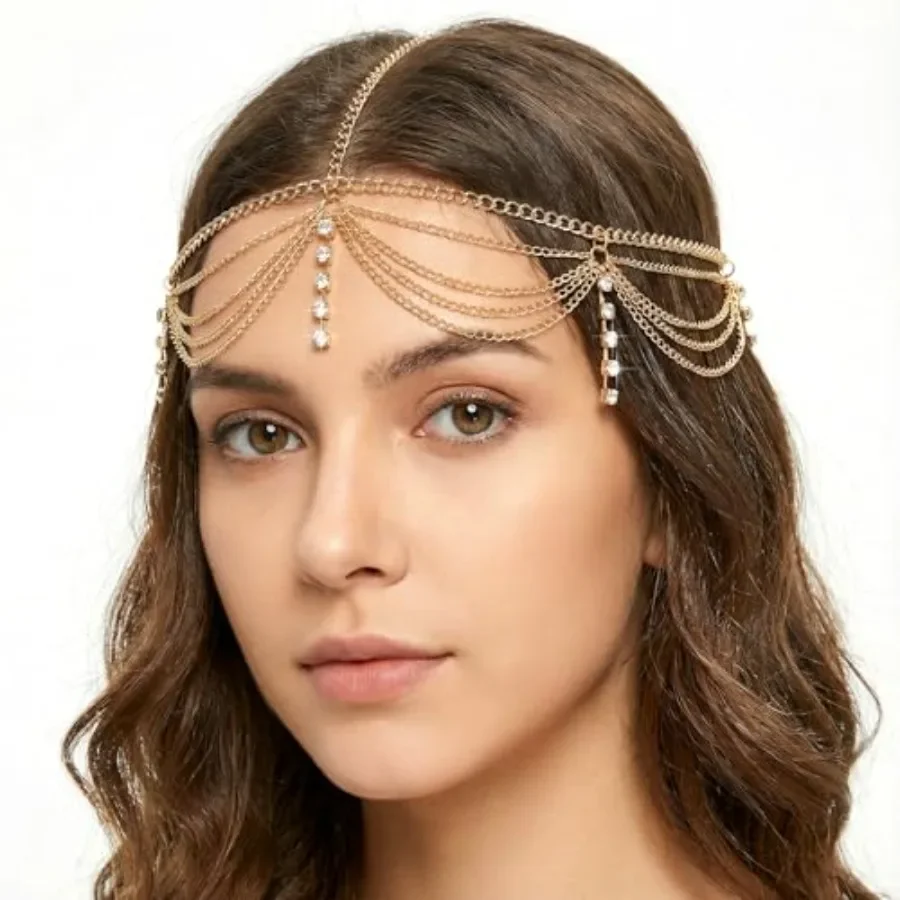 Xindojuz Gold Headpiece, Boho Sequin Gold Head Chain Rhinestone Headpiece Hair Jewelry Chains, Festival Costume Forehead Layere