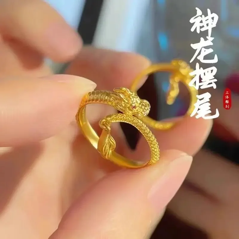 Cincin ekor wanita, tahun lahir Fashion Semua cocok pria dan wanita zodiak LogLong 18K nyata berlapis emas penyesuaian cincin terbuka