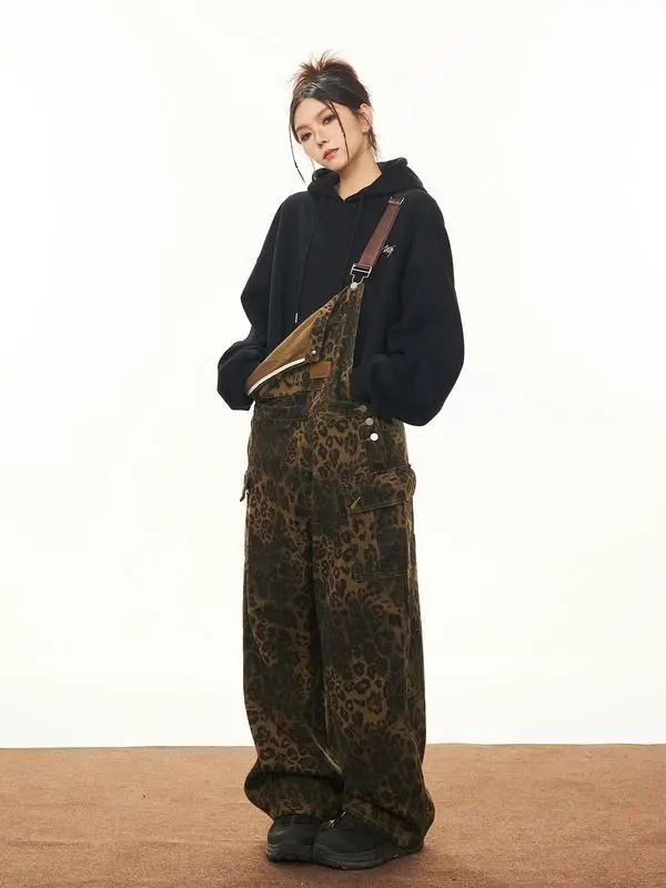 

American Retro Work Suit Pocket Leopard Print Straight Overalls Men And Women Loose Ins Street Wide-Leg Denim