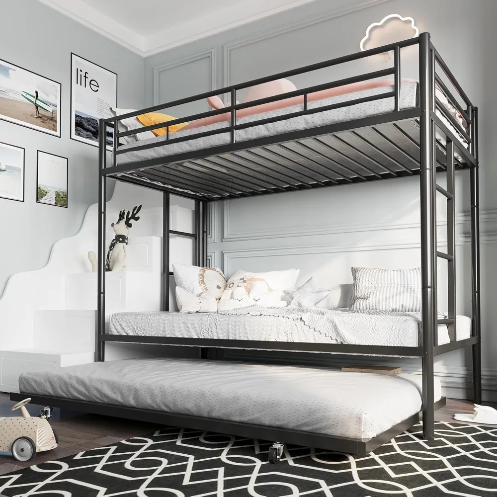 Metal Bunk Bed Twin Over Twin, with2Secured Ladders,Trundle Bed Twin with Space-Saving Bed Frame with Safety Guard