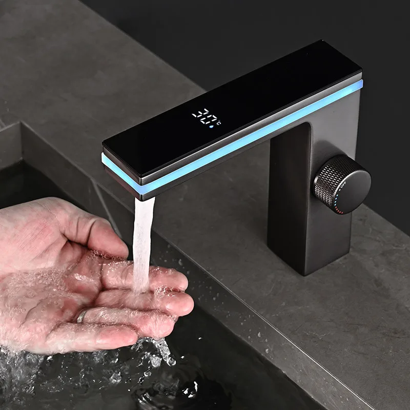 Digitale Display Badkamer Wastafel Kraan Intelligente LED Messing Badrandcombinaties Wastafel Kraan Warm Koud Water Mengkraan Vanity Tap